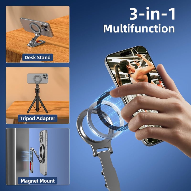 BRDRC Magnetic Phone Mount for MagSafe, Maglock Tripod Adapter Magnet Golf Gym Workout Stand Metal Carabiner Dual Holder with 1/4 Screw Hole, for iPhone 16 15 14 13 12 Series Foldable Portable Accessories - Image 2